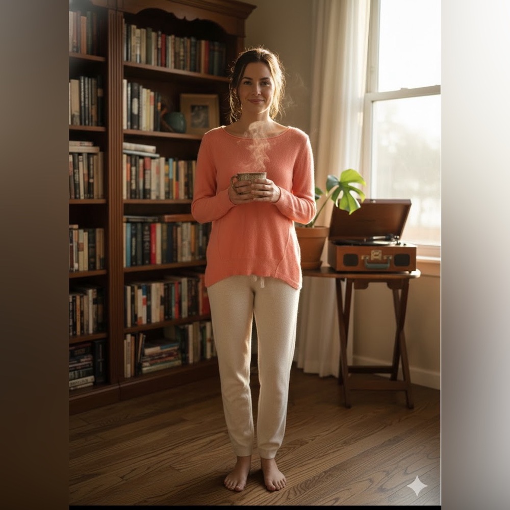 360 Cashmere Sweater, Small 100% Cashmere Coral Pink Boat Neck Exposed Seam - Picture 2 of 7